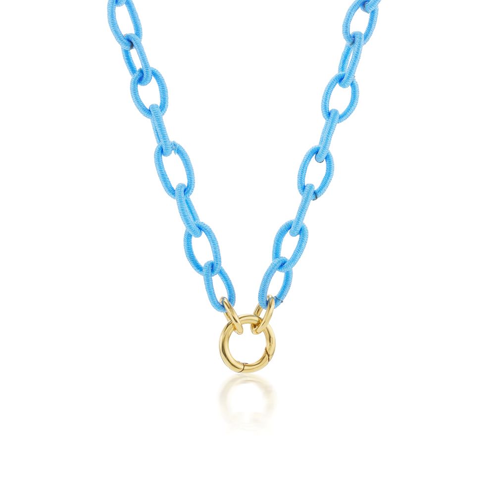 An Anna Maccieri Rossi blue enamel chain necklace with a gold plated clasp and silk thread link chain.