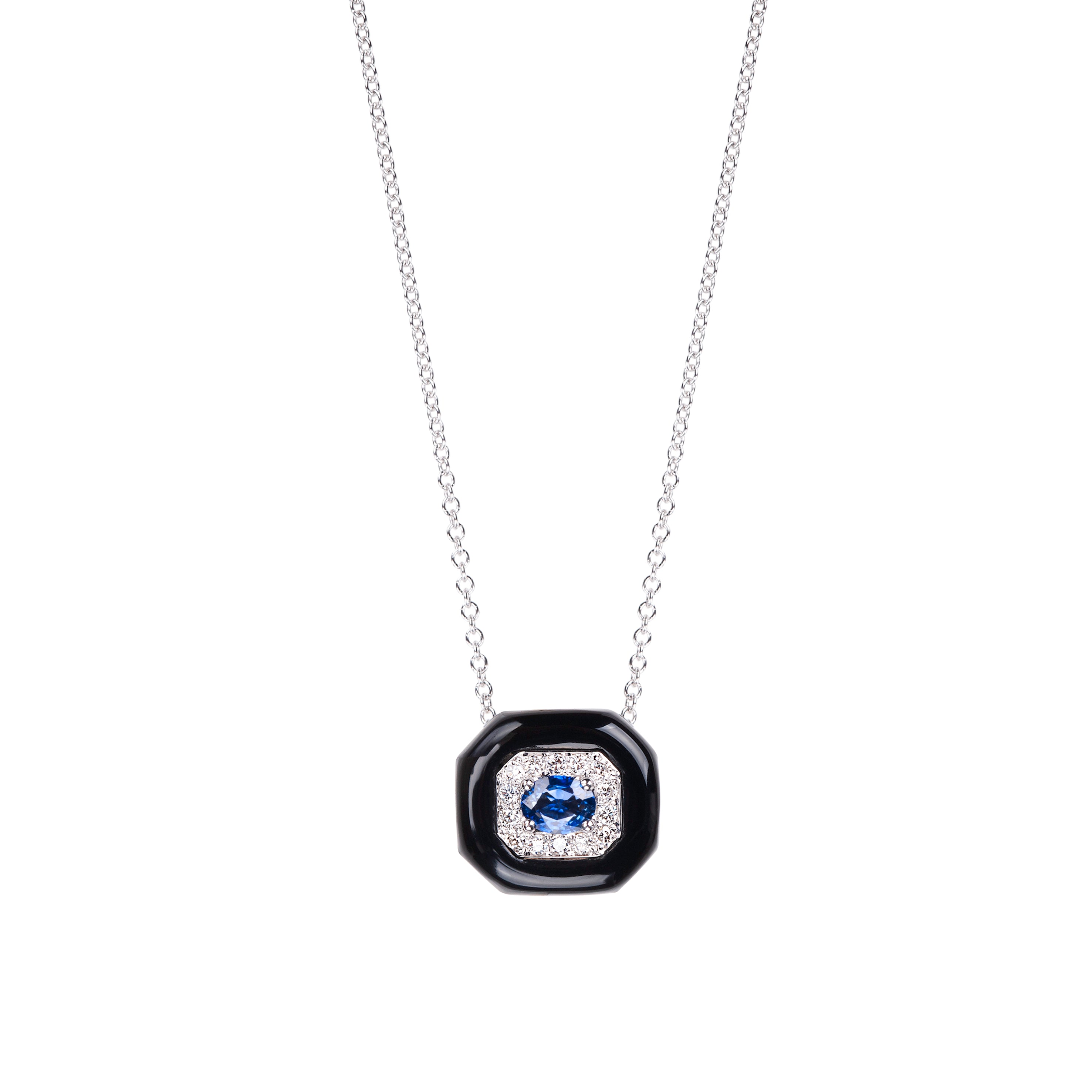 Blue Sapphire and White Diamond Oui Pendant in White Gold
