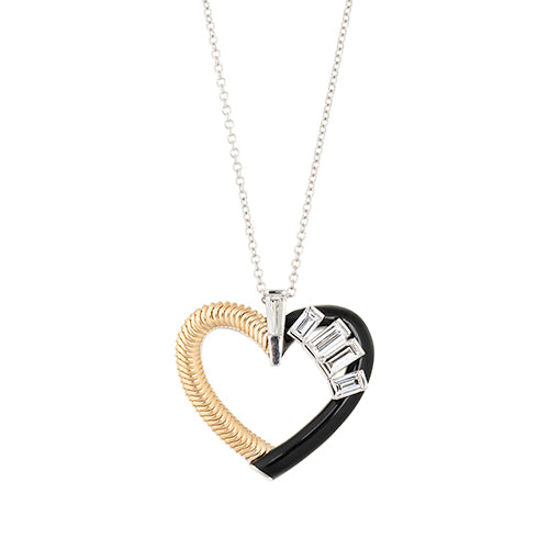 A black and gold Heart Necklace With White Diamonds And Black Enamel adorned with diamonds, by Nikos Koulis.