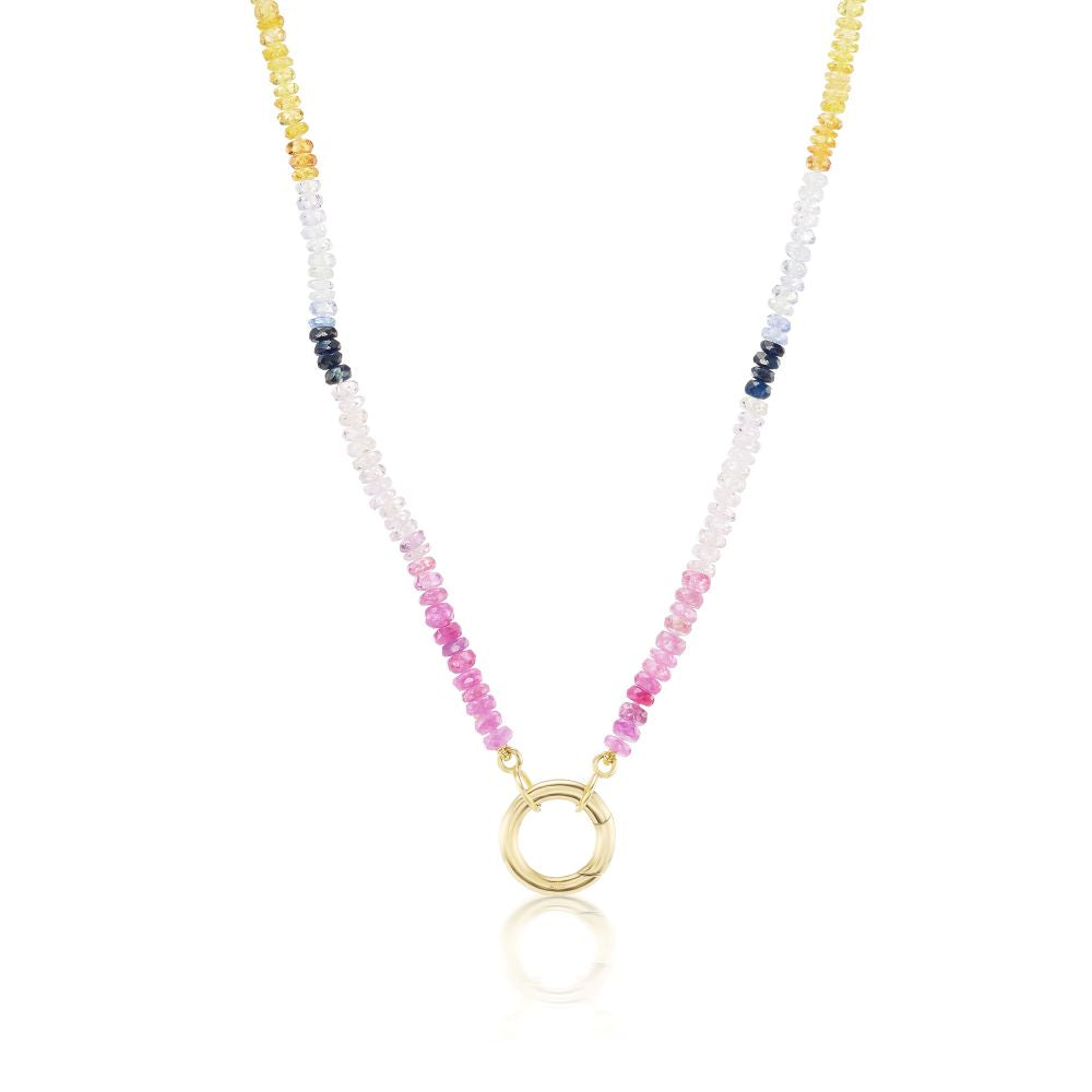 An Anna Maccieri Rossi Sapphire Beaded Necklace with multi-colored gemstones, including sapphires, and a gold-plated circle.
