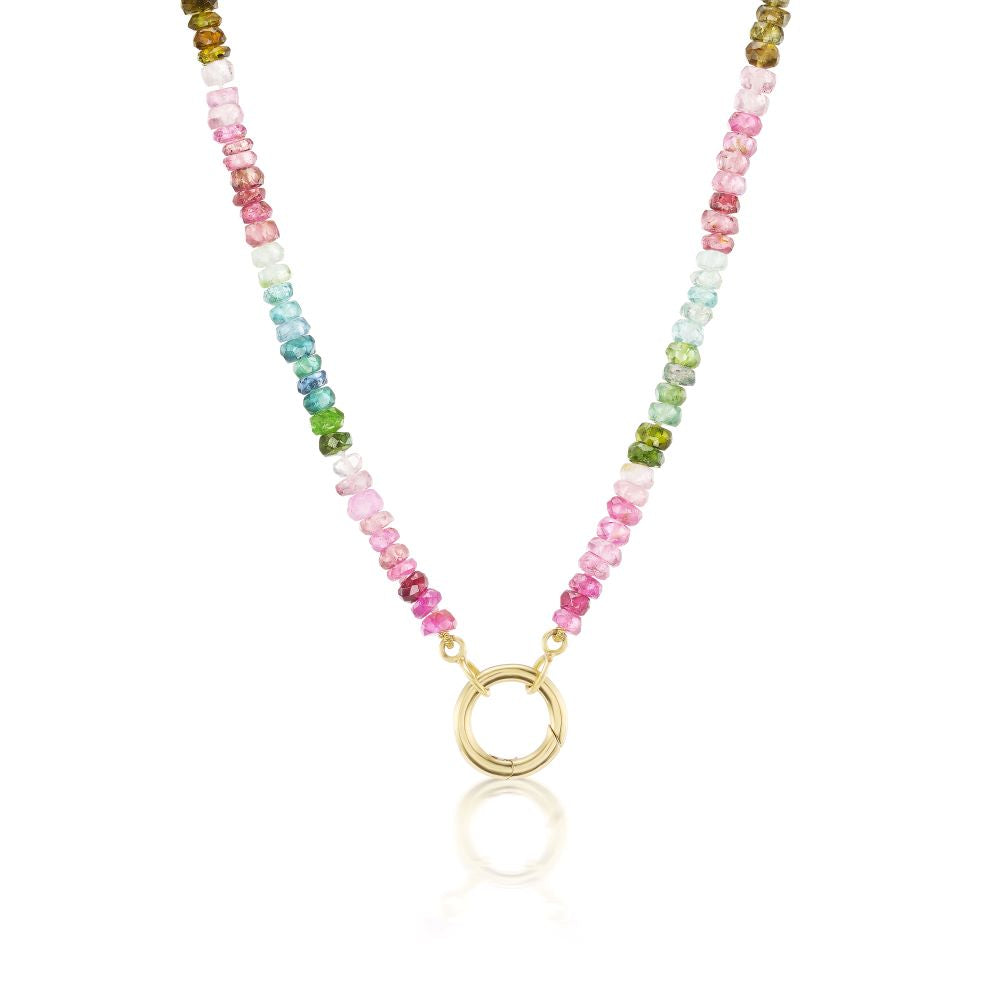 A Anna Maccieri Rossi Sapphire Beaded Necklace adorned with multi colored gemstones and a gold plated clasp.