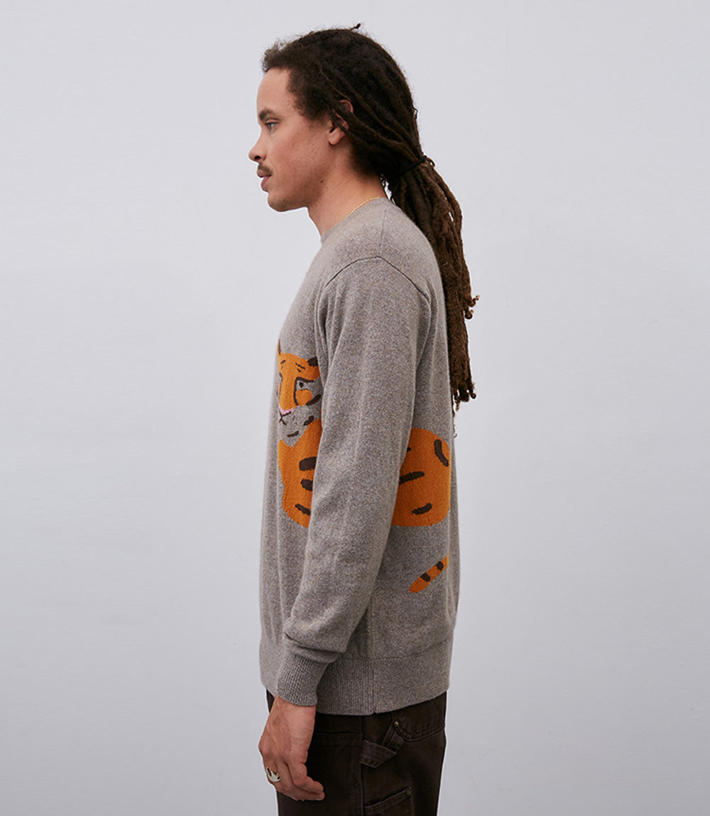A man sporting a Leret Leret No. 70 Tiger Sweater with a tiger on it.