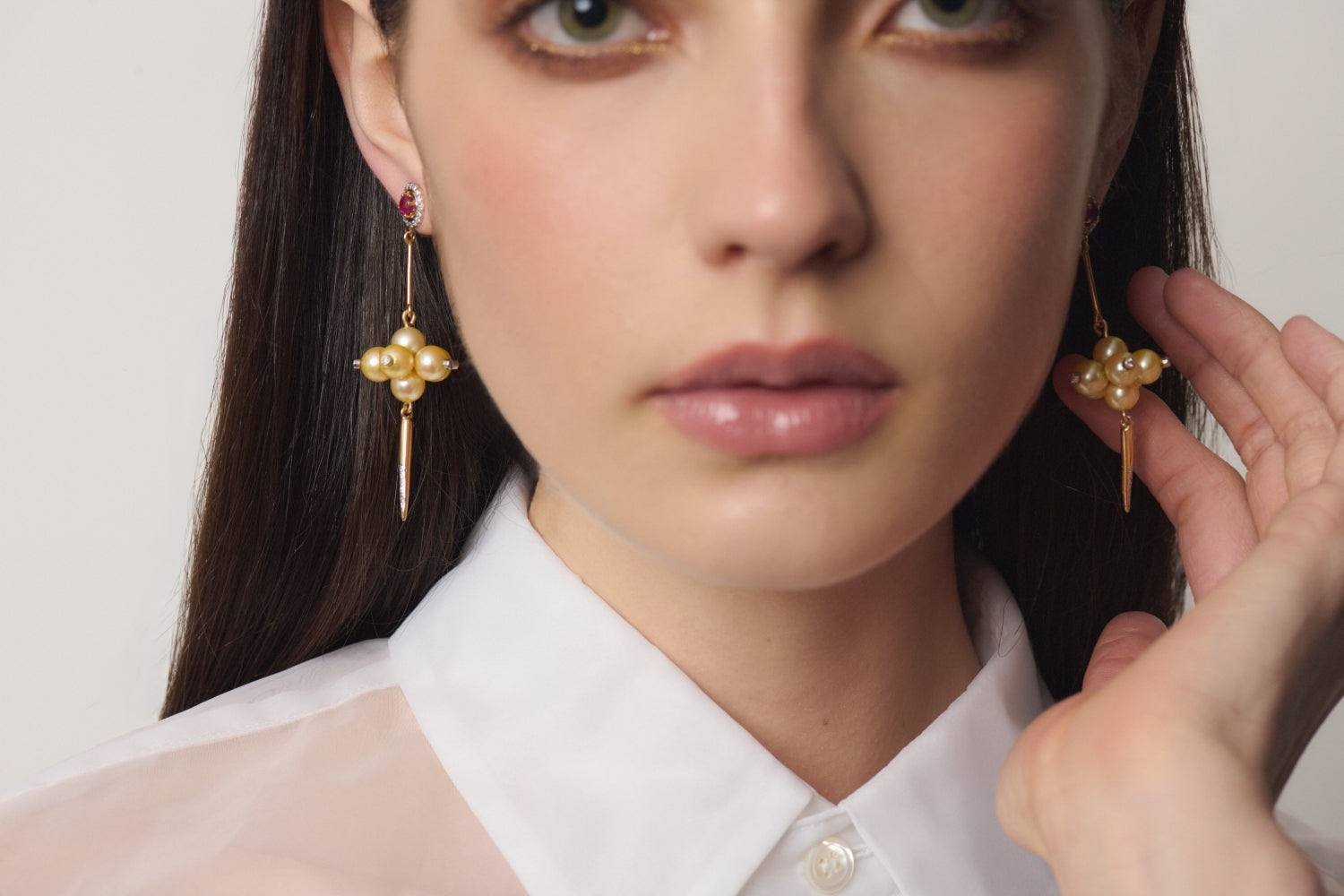 Pearl Grape Earrings with Rubies and Diamonds in Yellow Gold