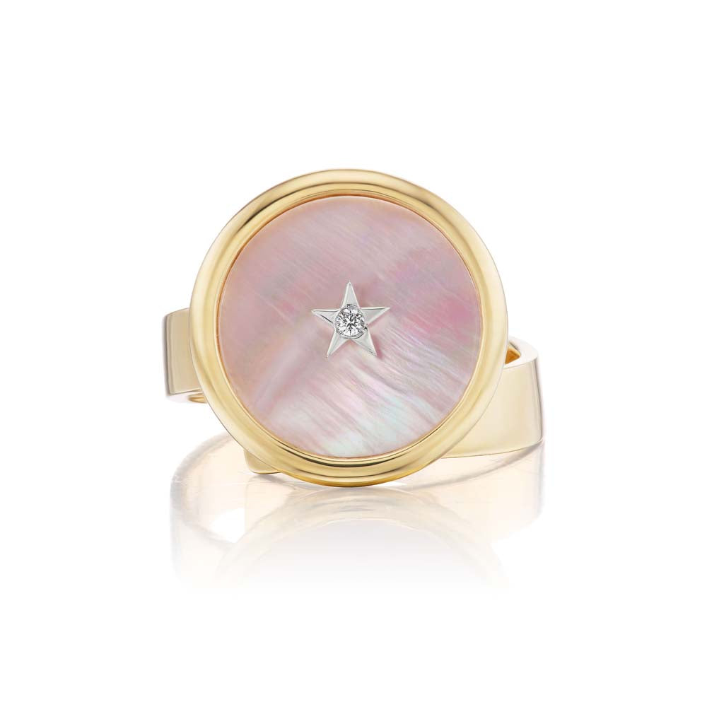 Pink Mother of Pearl Mini Adjustable Ring in Yellow Gold