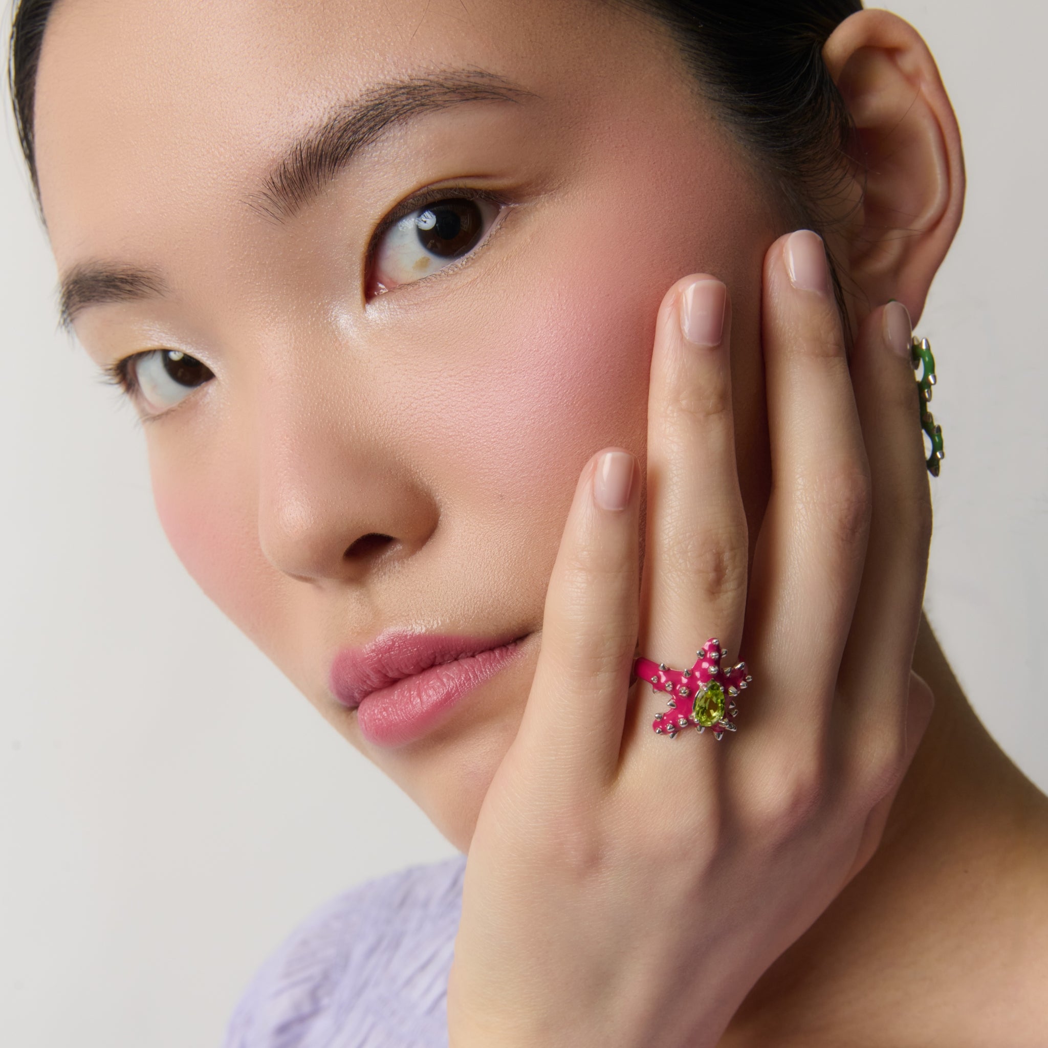 Studded Stella ring with pear cut peridot and Amarena enamel