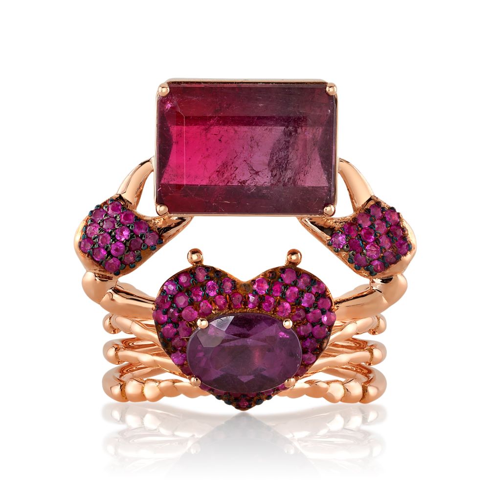 A rose gold Daniela Villegas Cabiero ring with a heart shaped ruby stone.