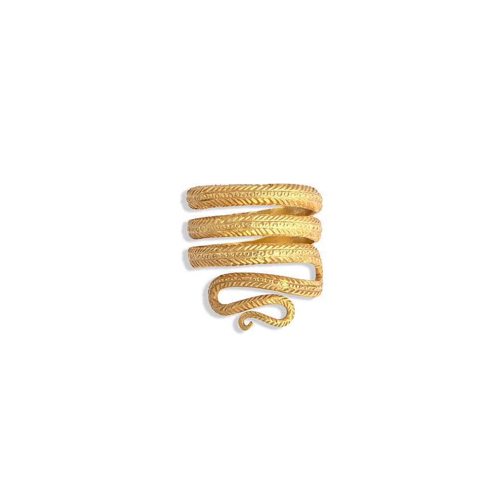 A textured Christina Alexiou yellow gold snake ring on a white background.
