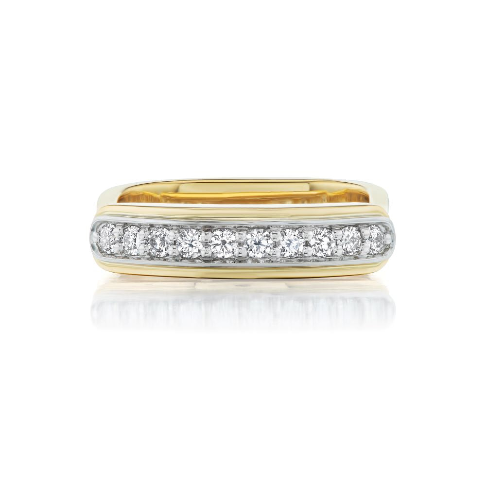 The Beck Mona Diamond Ring is an exquisite piece crafted in 18k yellow gold, featuring two rows of dazzling diamonds.