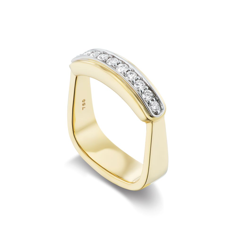 A yellow gold Mona Diamond Ring with two rows of diamonds. This exquisite piece dazzles with its brilliance and sophistication, showcasing the timeless beauty of diamonds set in lustrous yellow gold. The meticulously crafted Beck ring truly captures the essence of luxury and elegance.