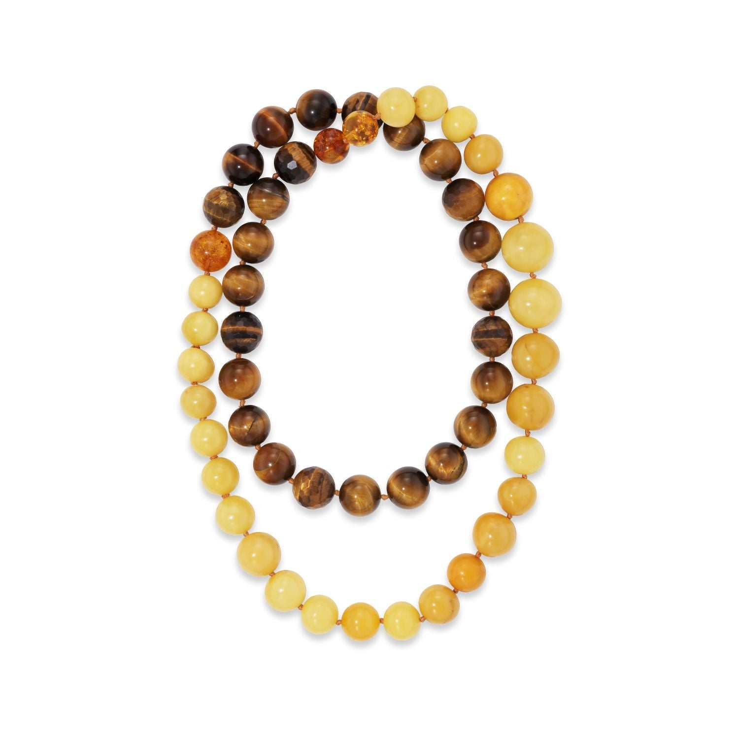Mixed Beaded Amber, Honey Amber and Tiger Eye Necklace, No Clasp, 90 cm