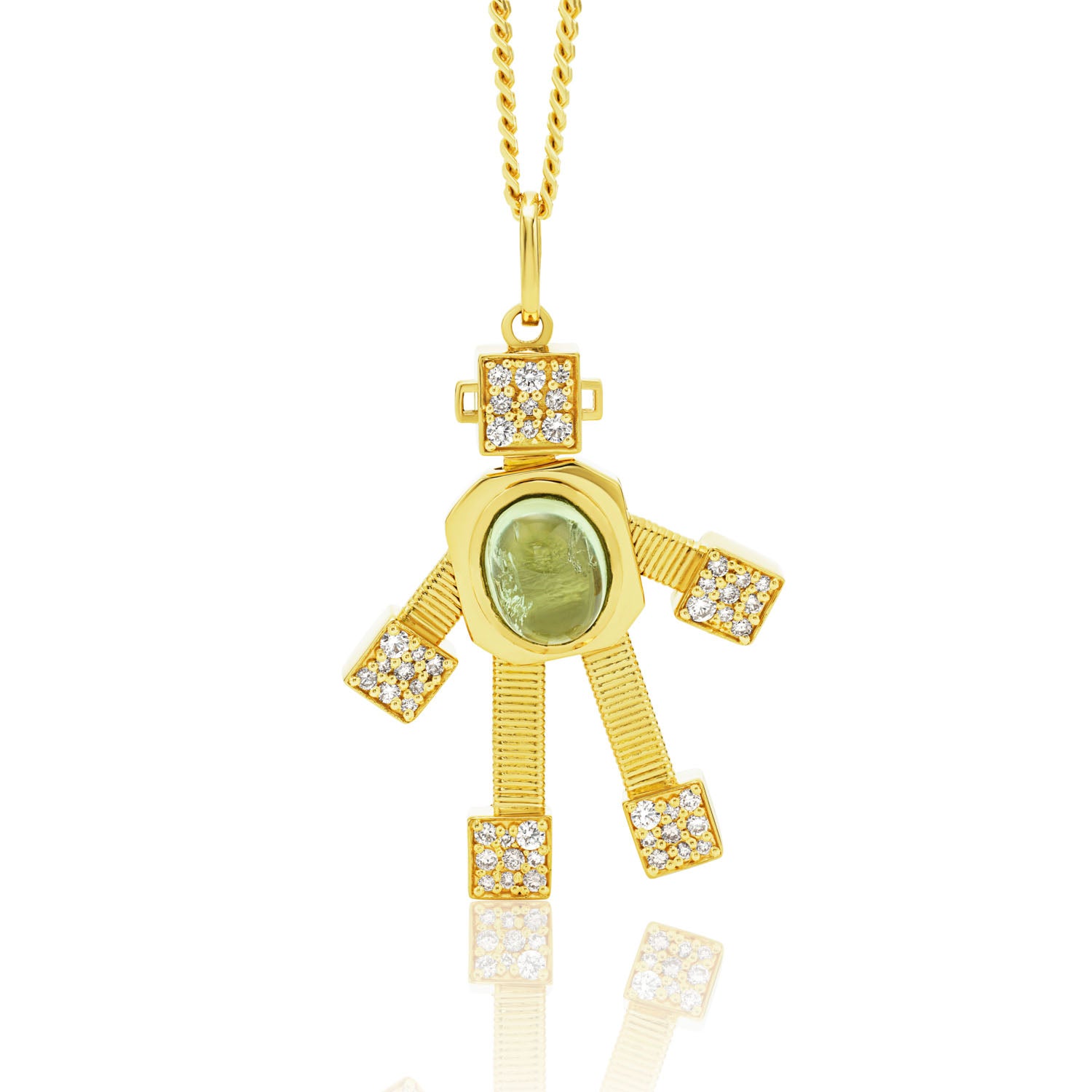 White Diamond and Tourmaline Maxi Robot Pendant in Yellow Gold