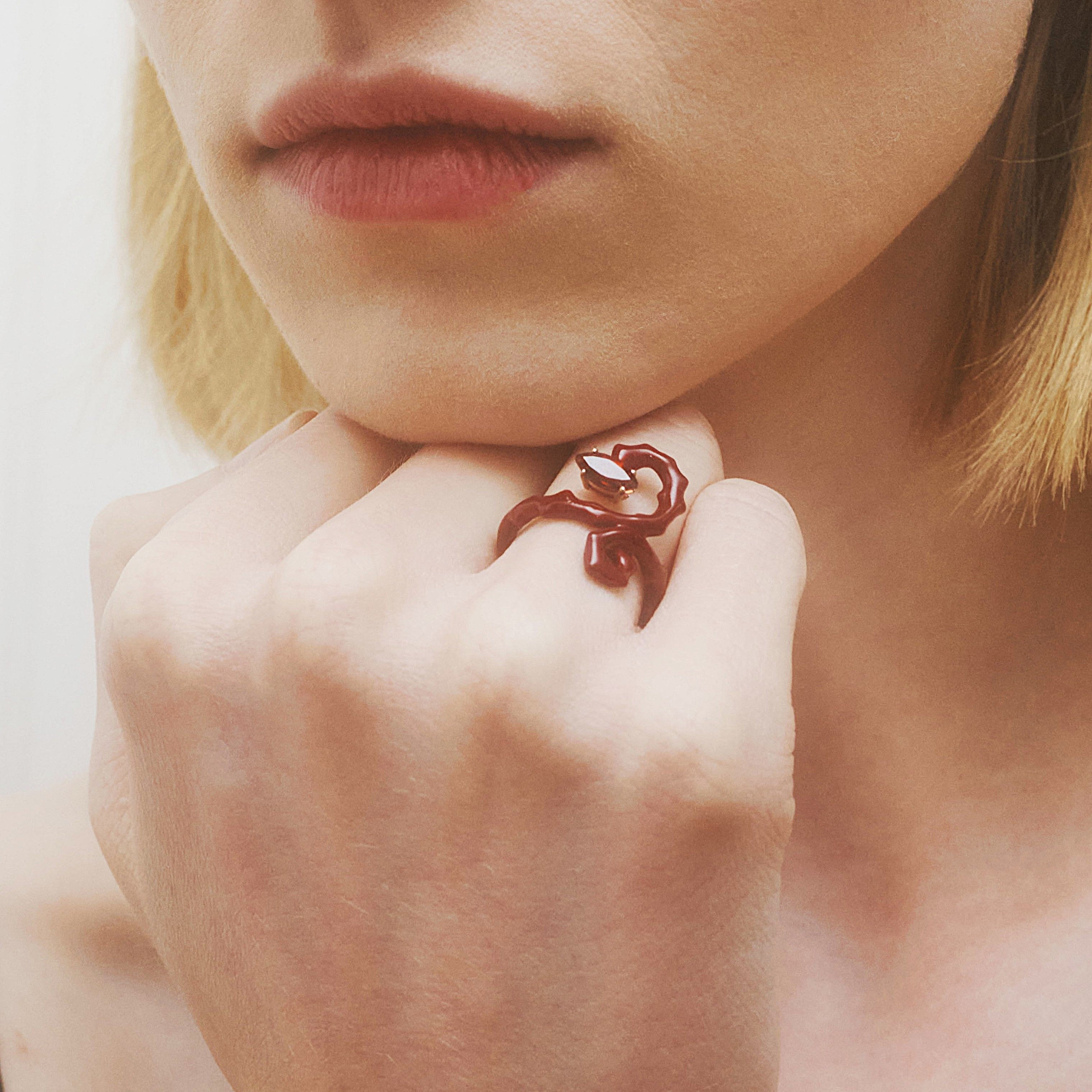 Dragon Ring with Garnet and Burgundy Enamel
