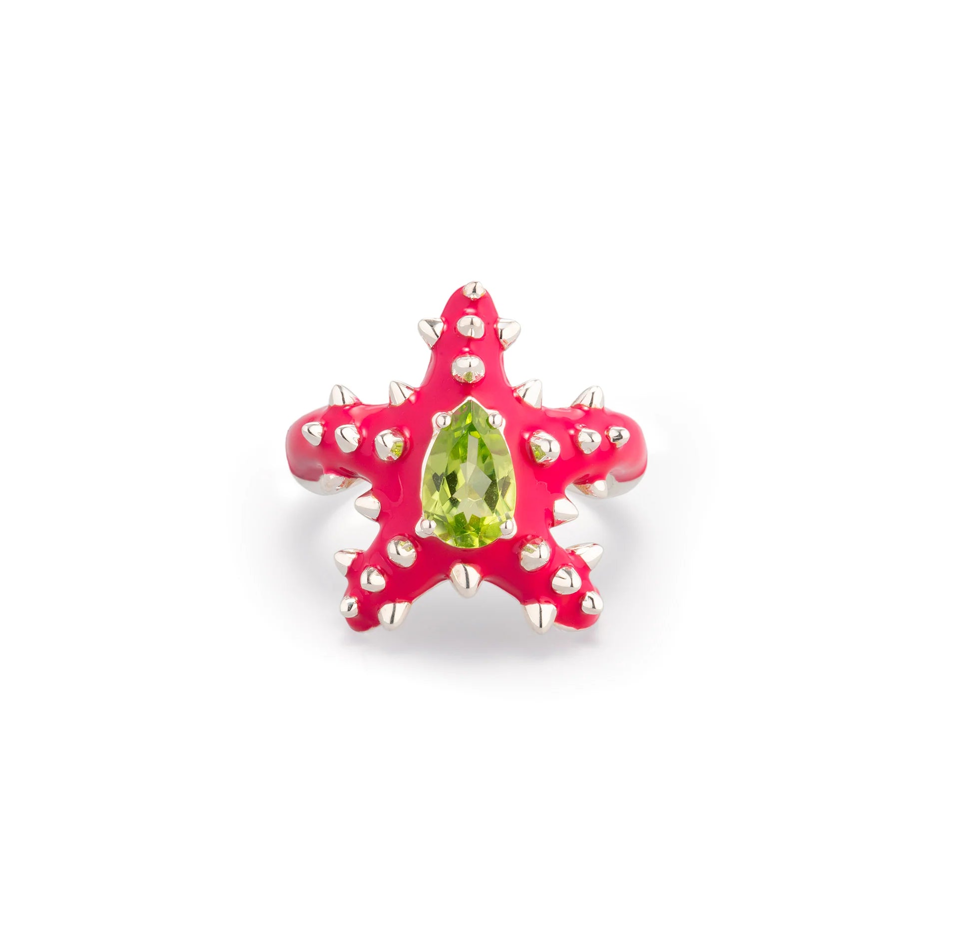 Studded Stella ring with pear cut peridot and Amarena enamel