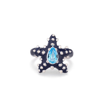 Spinosetti Ring in Navy Blue Enamel with Pear Cut Topaz