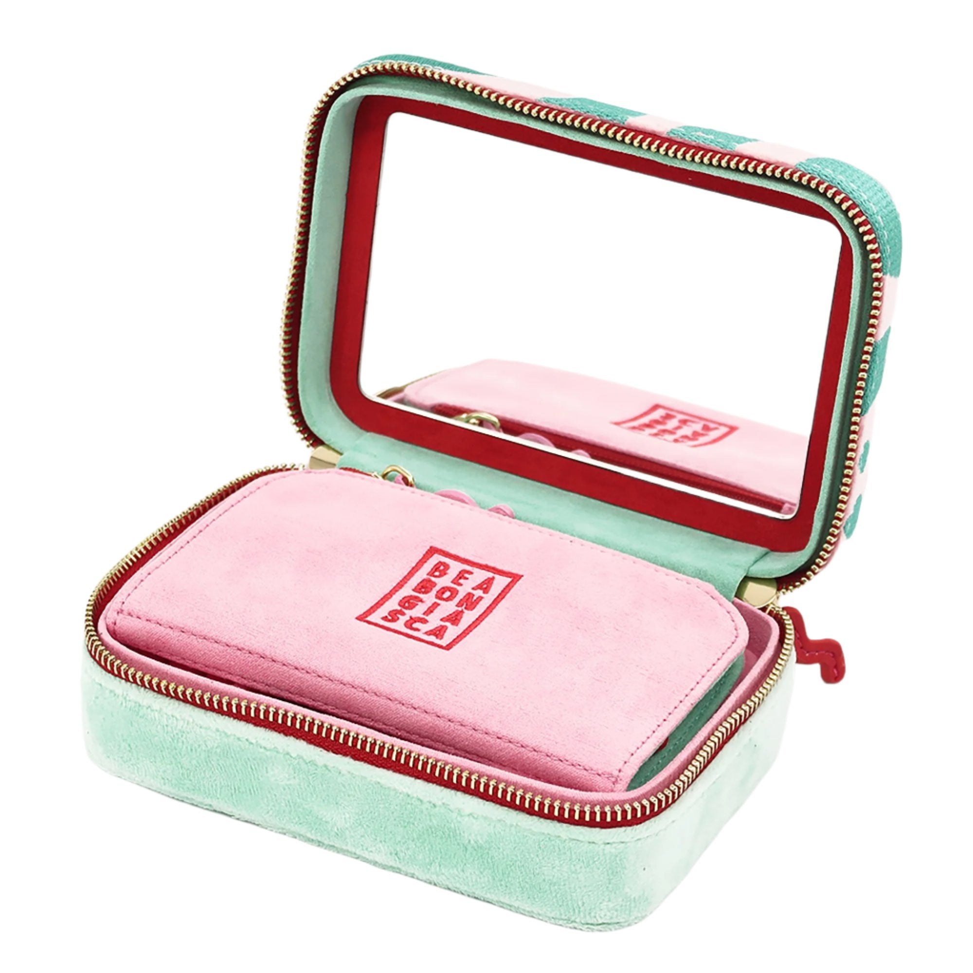 Pink, Blue Iris, & Red Microsuede and Velour Jewelry Travel Zip Case