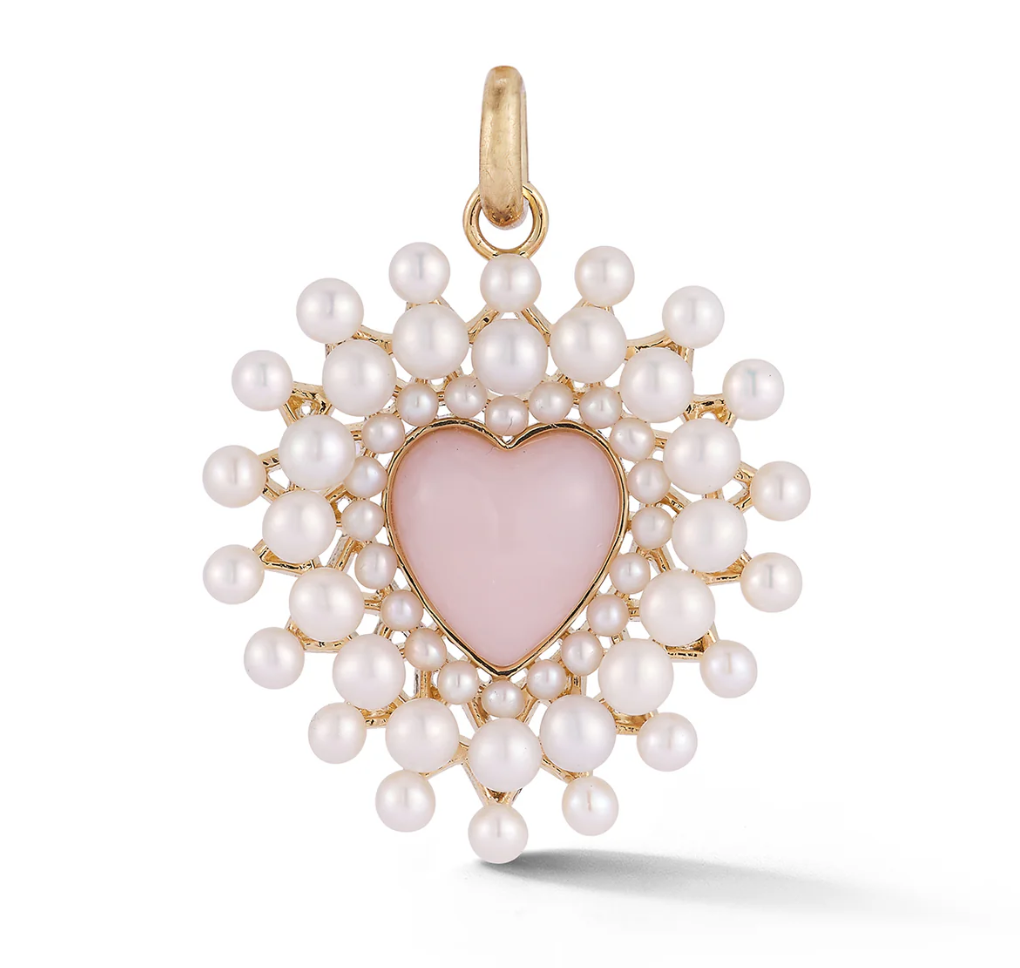 Pink Opal and Pearl Juliana Heart Charm in Yellow Gold