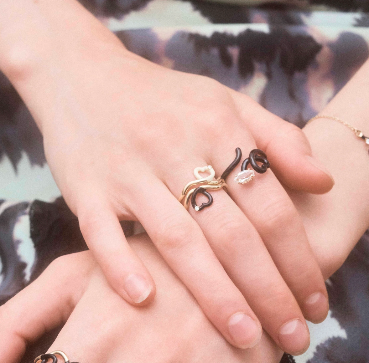 Black Baby Vine Heart Ring with Rock Crystal