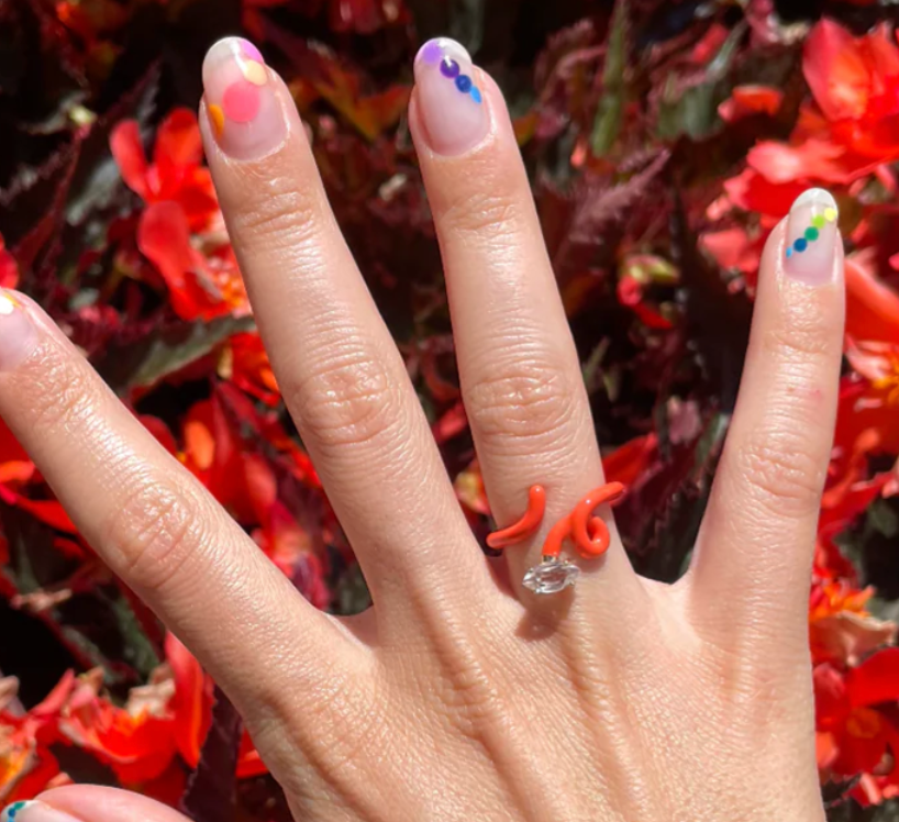 Orange Enamel Baby Vine Ring with Rock Crystal