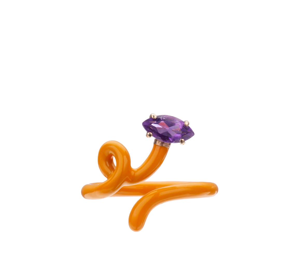 Orange Enamel Baby Vine Ring with Amethyst