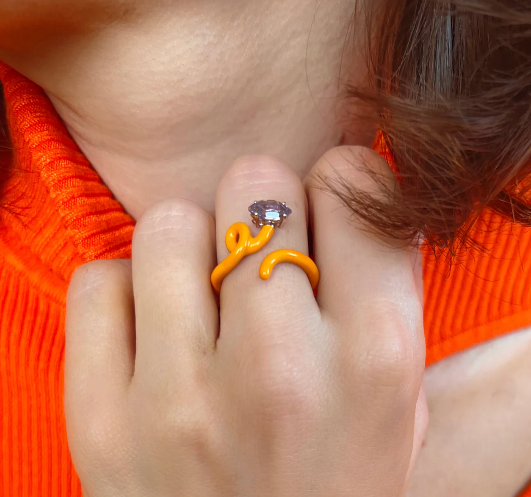 Orange Enamel Baby Vine Ring with Amethyst