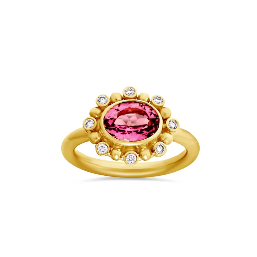 Pink Tourmaline Flower Ring in Yellow Gold