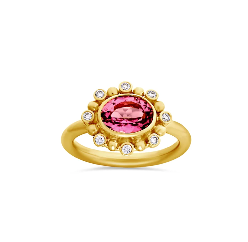 Pink Tourmaline Flower Ring in Yellow Gold