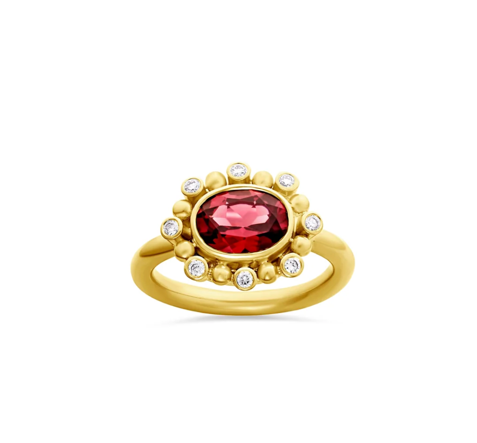 Red Tourmaline Flower Ring in Yellow Gold