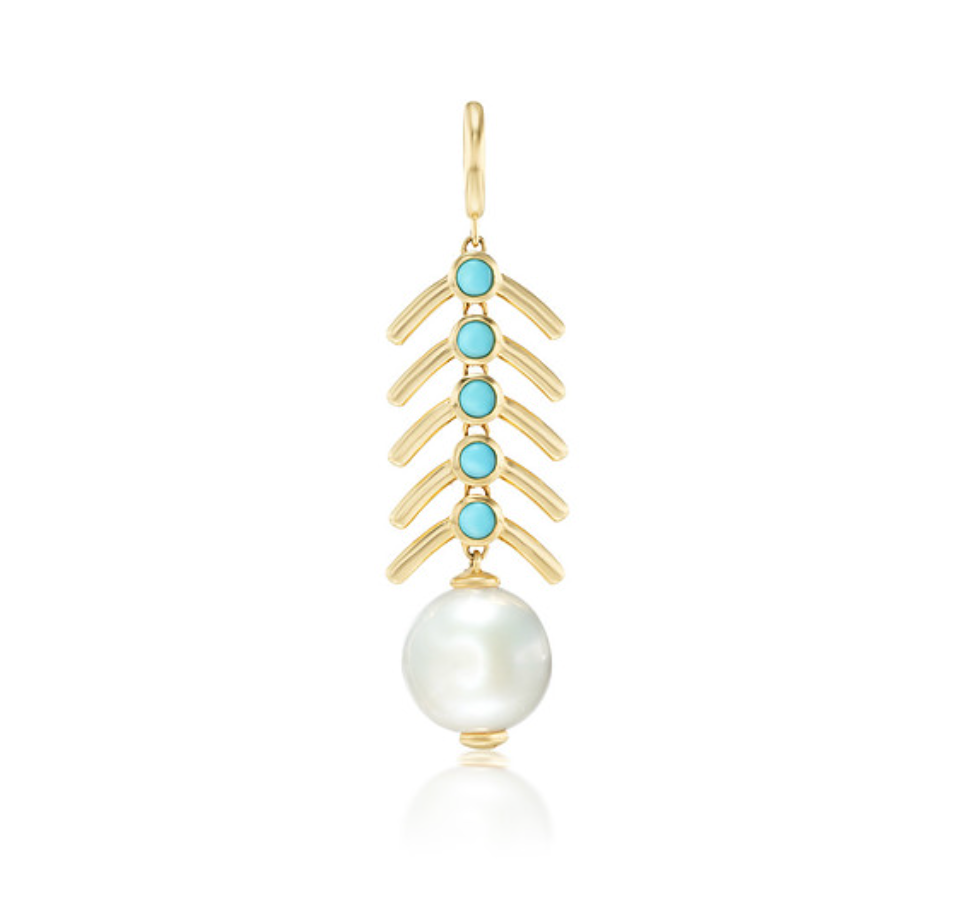 White Pearl and Turquoise Piska Charm in Yellow Gold