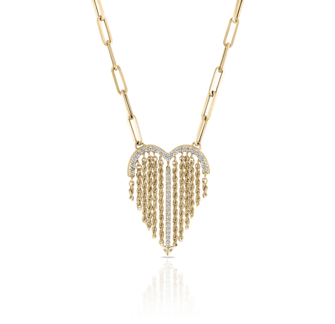 White Diamond Flapper Fringe Heart Necklace in Yellow Gold