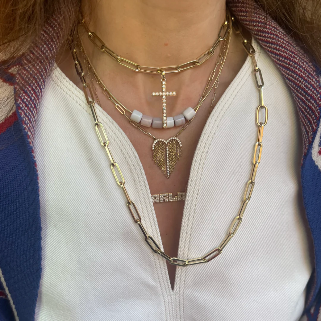 White Diamond Flapper Fringe Heart Necklace in Yellow Gold