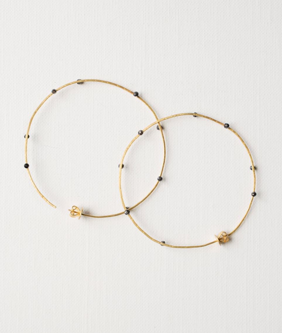 Black Diamond Maxi Dayal Hoop Earrings in Yellow Gold