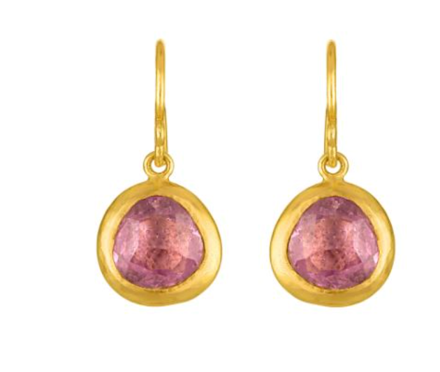 Pink Spinel Seeds of Life Drop Earrings in Yellow Gold
