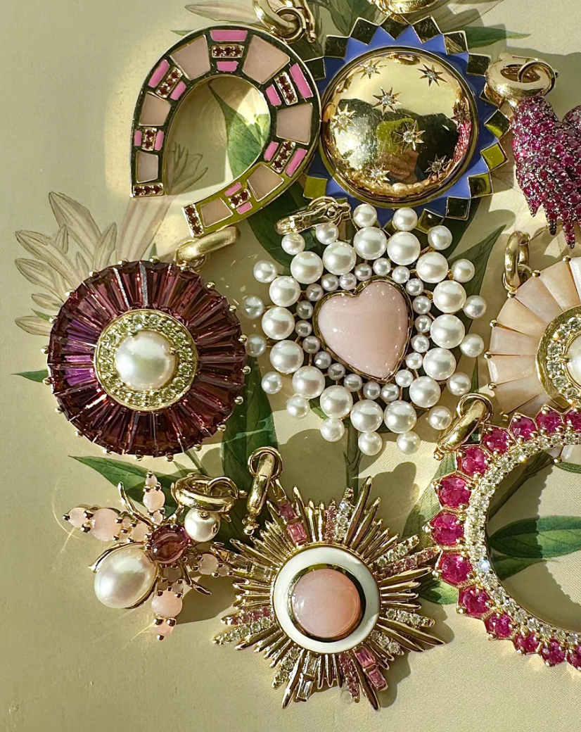 Pink Tourmaline and Pearl Beatrice Bee Charm in Yellow Gold