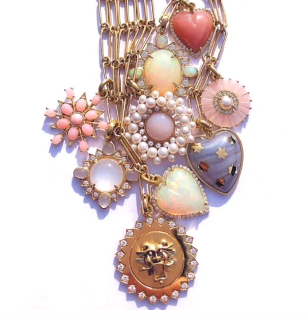 Pink Opal and White Pearl Emily Charm in Yellow Gold