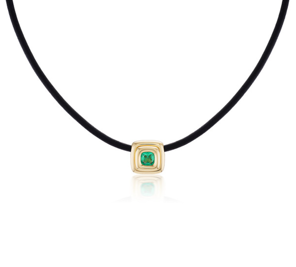 Cushion Cut Emerald Ripple Choker in Black Leather and Yellow Gold