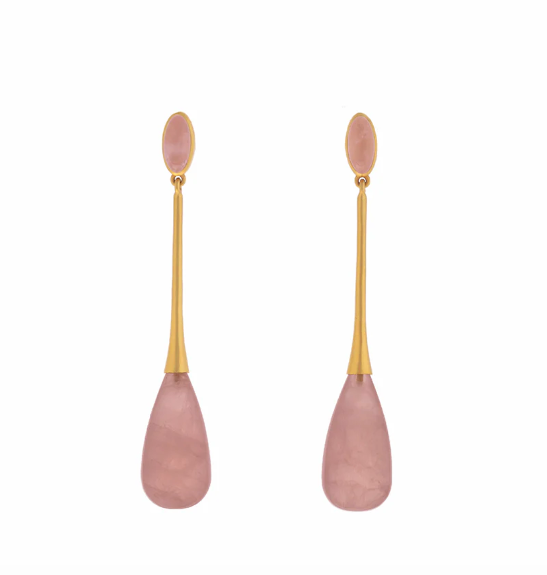 Rose Quartz drop earrings in yellow gold