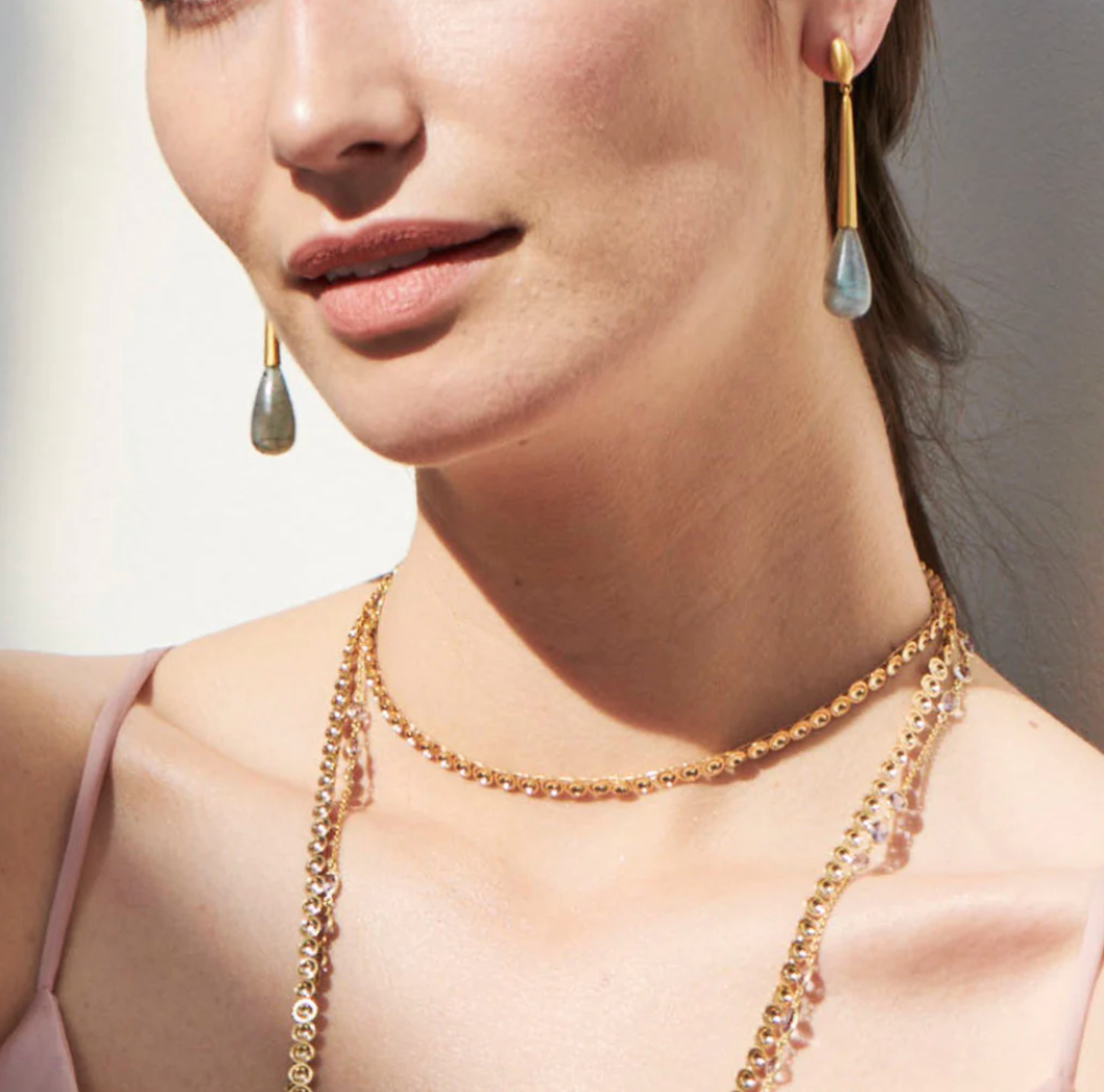 Labradorite drop earrings in yellow gold