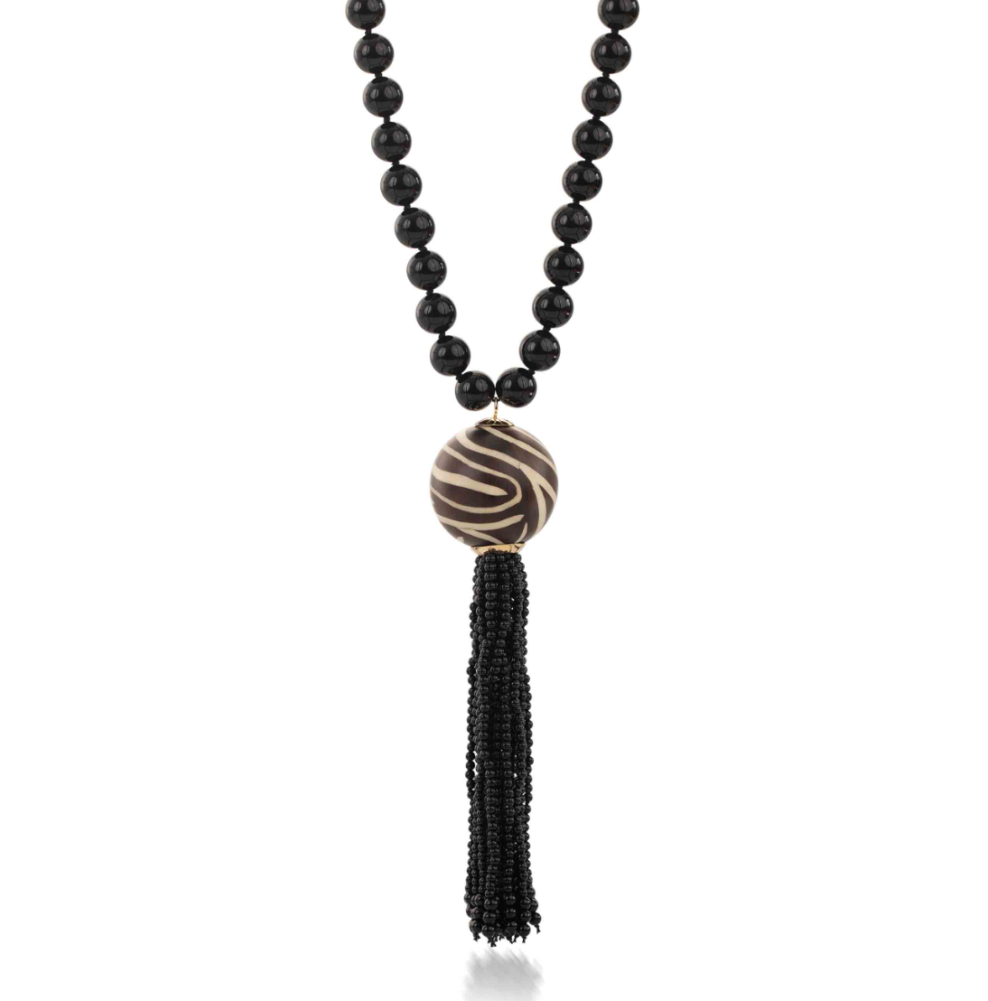 Marquetry Ball necklace with zebra motif and onyx in yellow gold