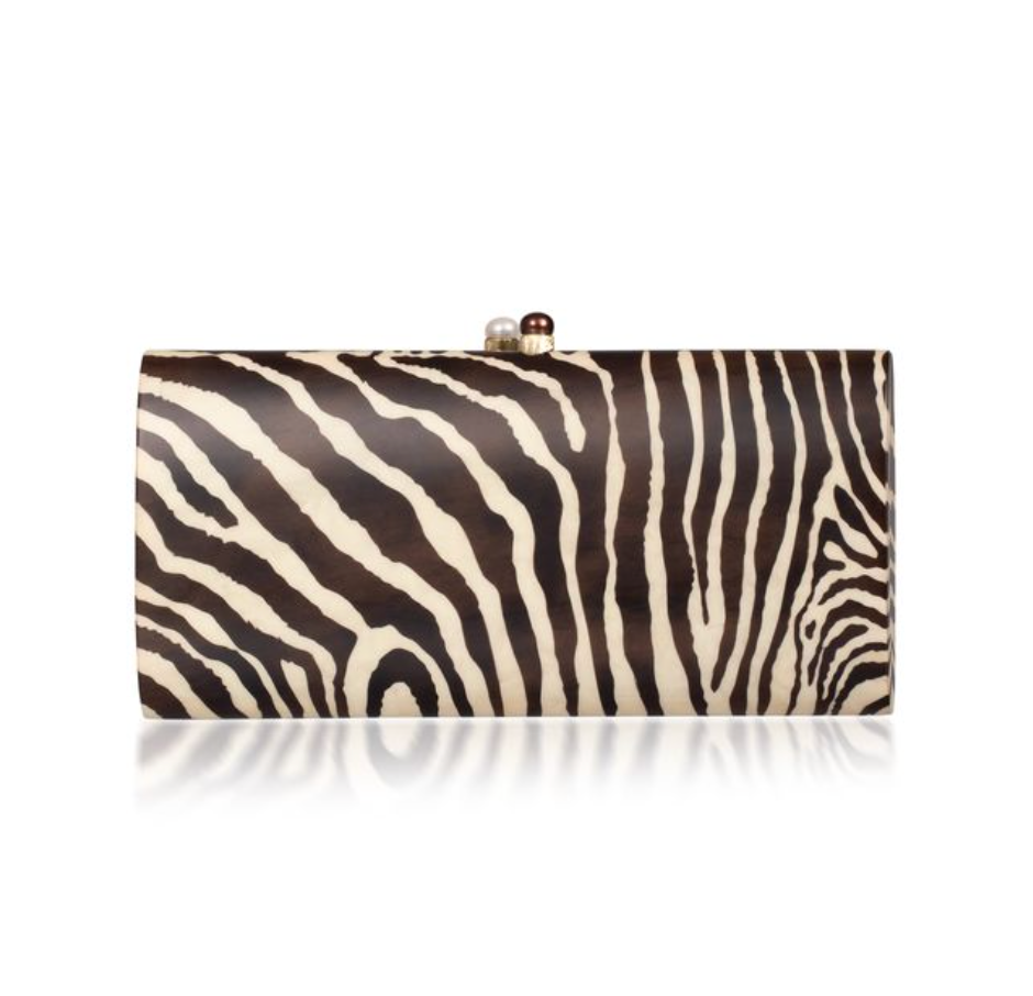 Marquetry clutch with zebra motif in yellow gold