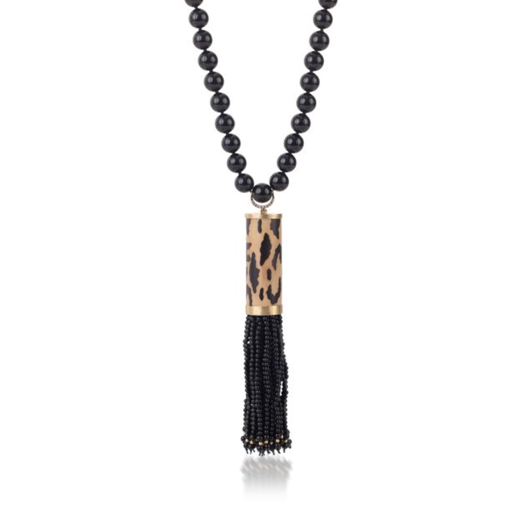 Cylindrical Marquetry necklace with leopard print motif and onyx in yellow gold
