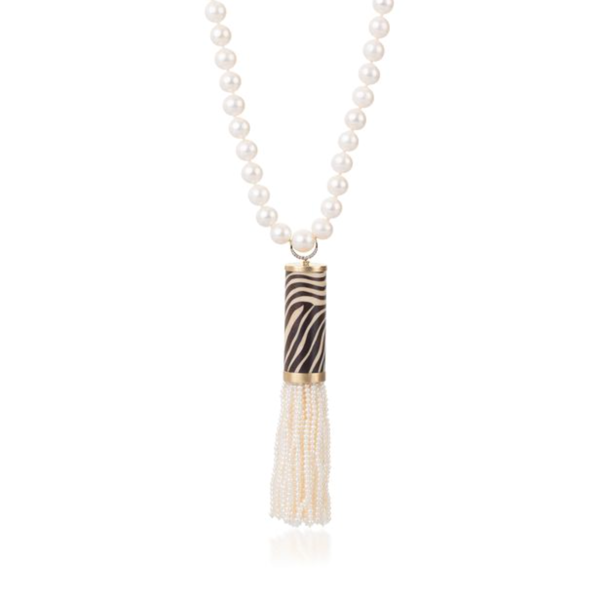 Cylindrical Marquetry necklace with zebra motif and pearl in yellow gold