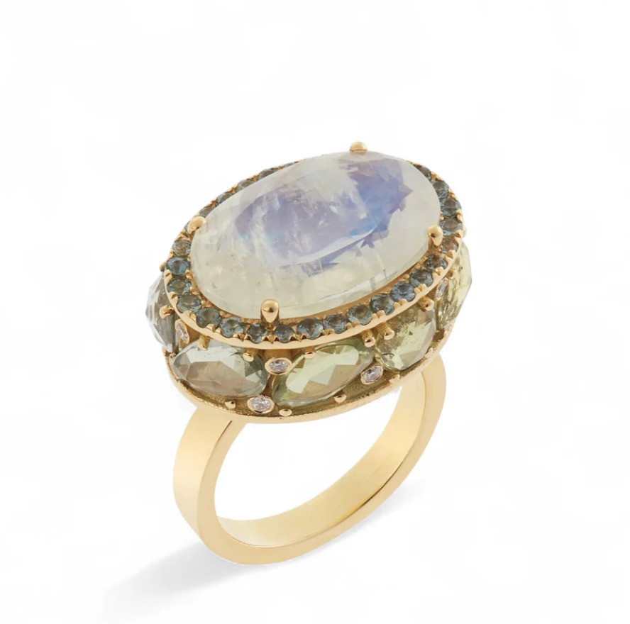 Moonstone Blossom Ring with Sapphires in Yellow Gold