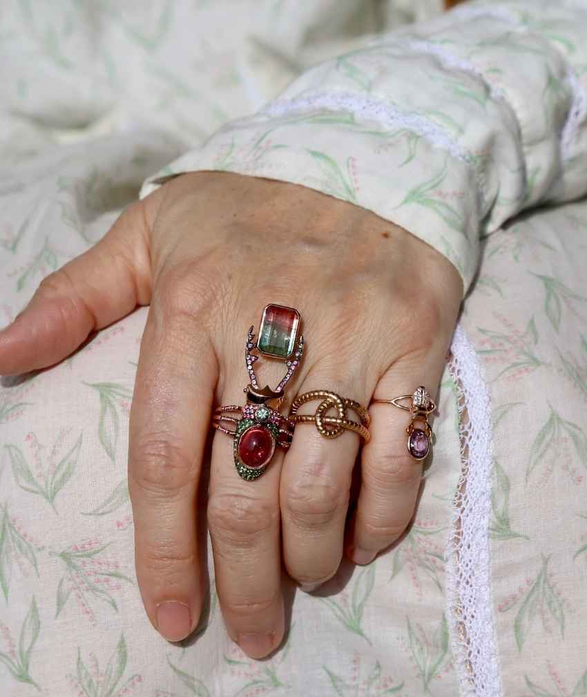 Watermelon Tourmaline Pushpavati Stag Beetle Ring in Rose Gold