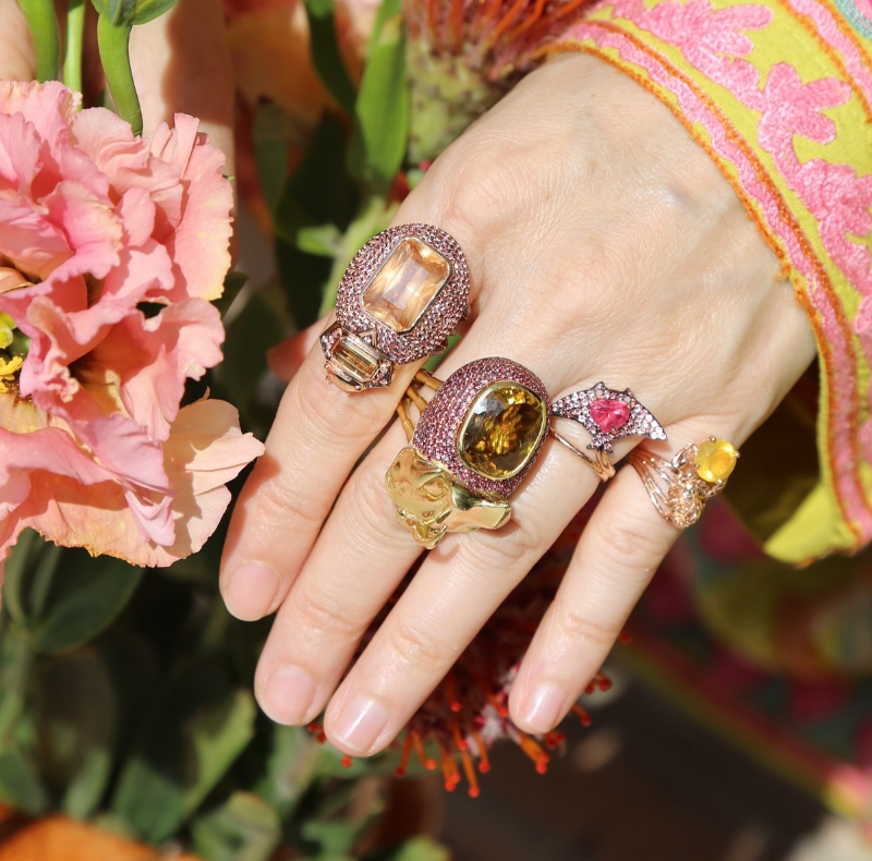 Sphene and Raspberry Sapphire Phaethon Ring in Yellow Gold