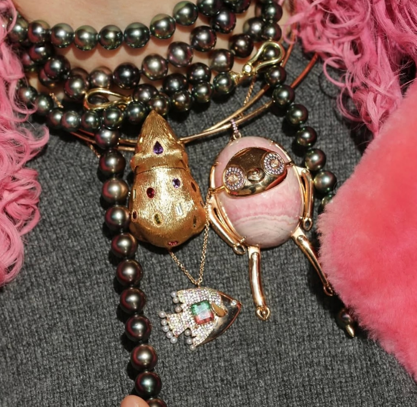 Rhodochrosite and Pink Sapphire Sloth Necklace in Rose Gold