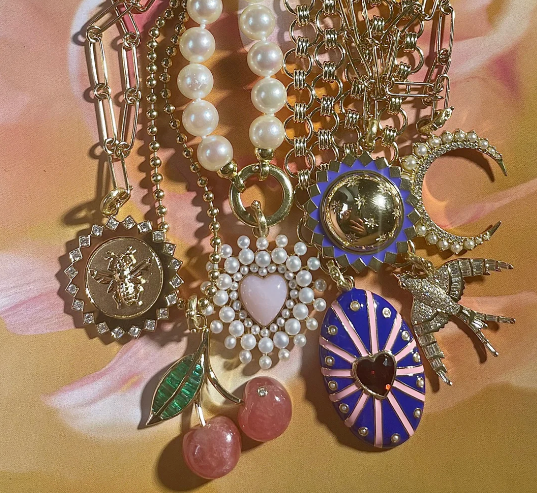 Pink Opal and Pearl Juliana Heart Charm in Yellow Gold