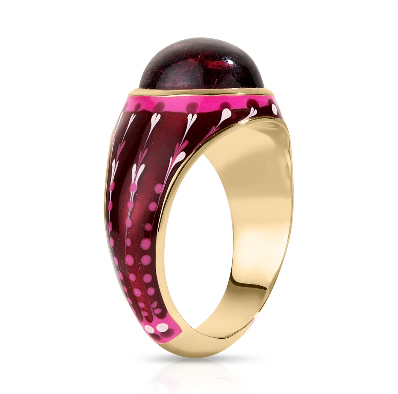 Pink Tourmaline Mood Ring with Marbled Enamel in Yellow Gold