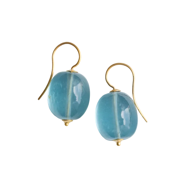 Aquamarine Snake Fruit Seed Earrings in Yellow Gold