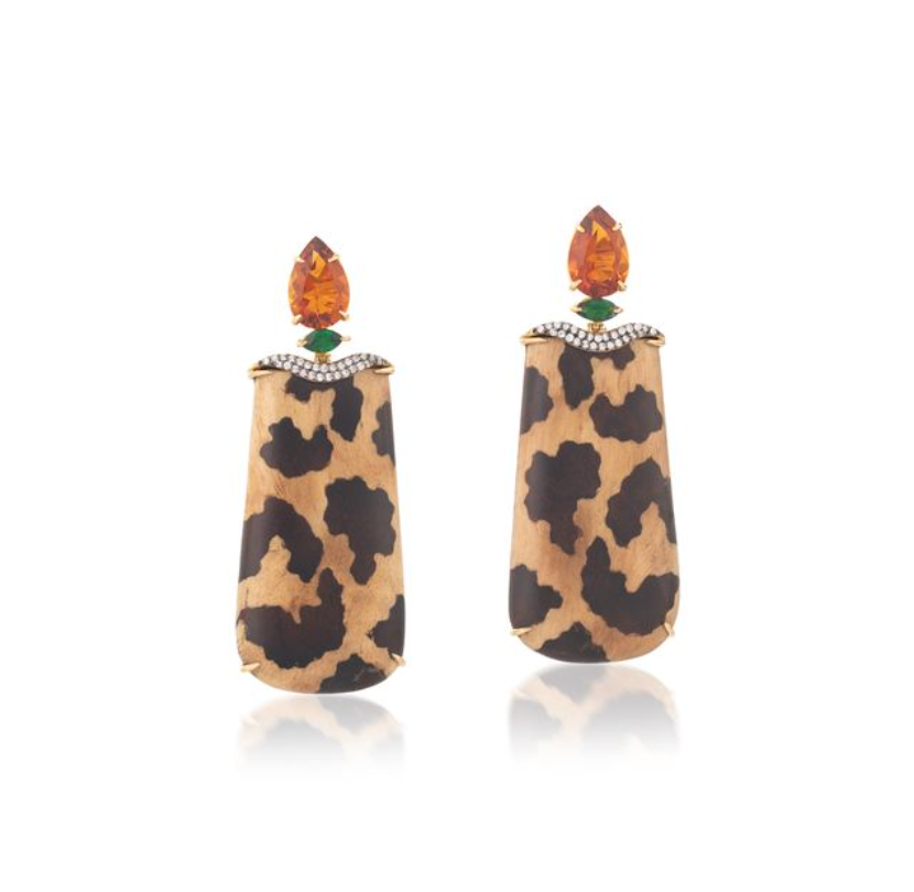 Marquetry earrings with leopard motif and citrines in yellow gold
