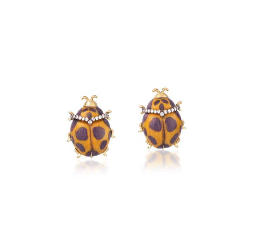 Small Marquetry beetle earrings with purple and yellow in yellow gold